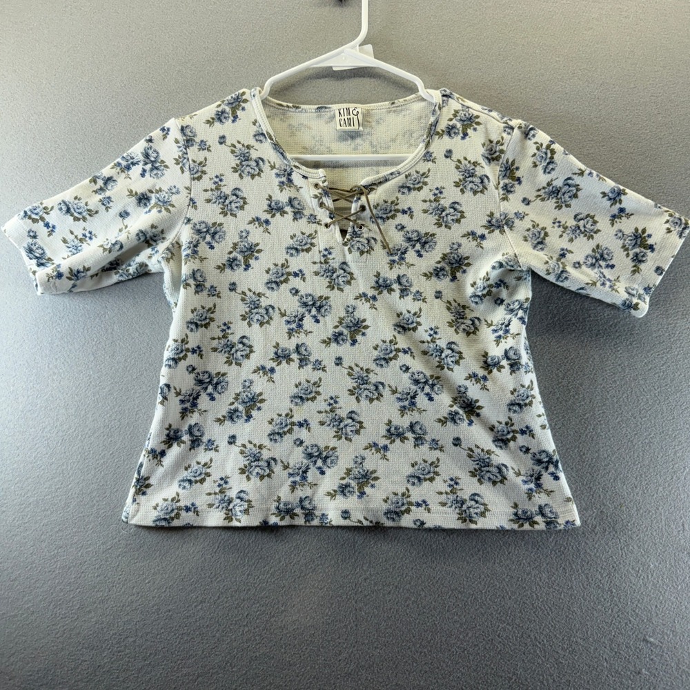 Kim & Cami Womens Blue Floral Waffle‎ Knit Lace Up Thermal Top Small Made in USA